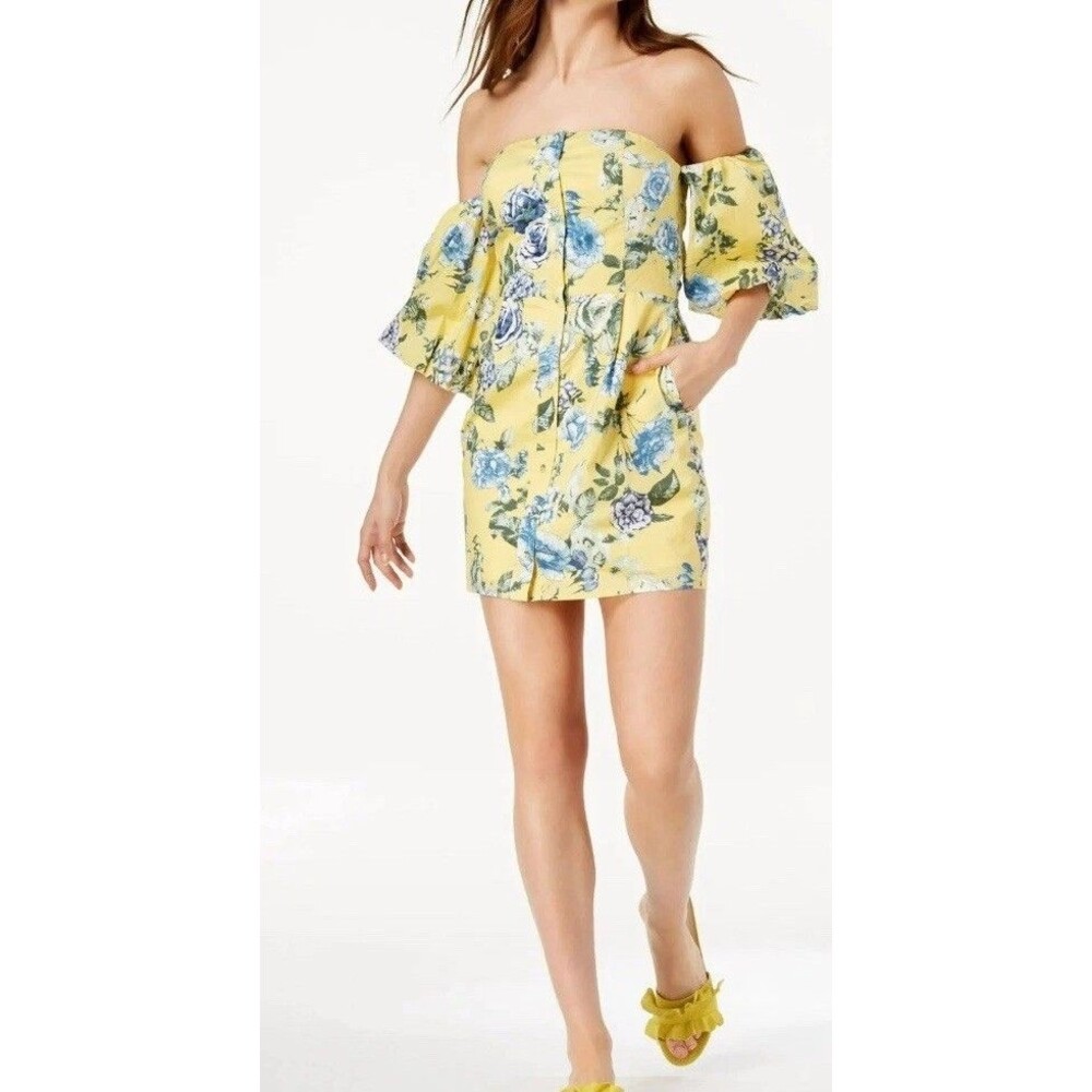 J.O.A. Yellow Blue Floral Off Shoulder Puff Sleeve Dress XS Just One Answer